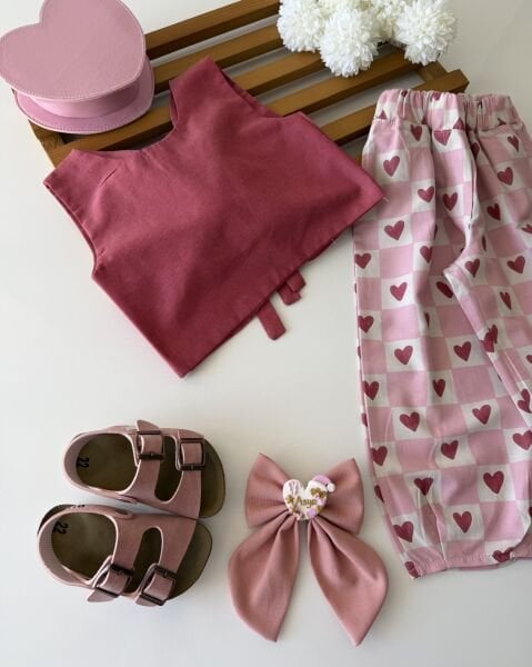Asarkids Kalp Desenli Bol Paça Pantolonlu 2'li Takım - Pembe