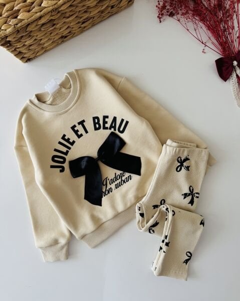 Fiyonk Desen Ve Aplikeli Taytlı Takım - Krem