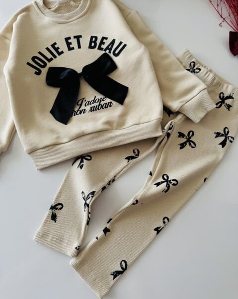 Fiyonk Desen Ve Aplikeli Taytlı Takım - Krem