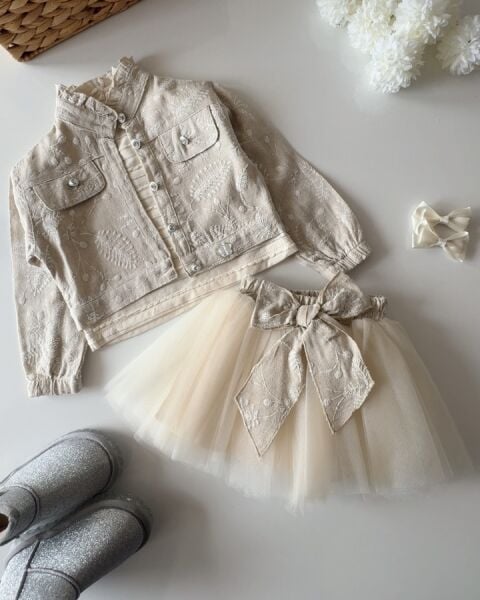 Brode Nakış İşlemeli Tütü Etekli Ceketli 3'li Takım - Bej