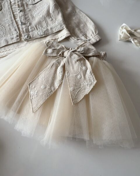 Brode Nakış İşlemeli Tütü Etekli Ceketli 3'li Takım - Bej