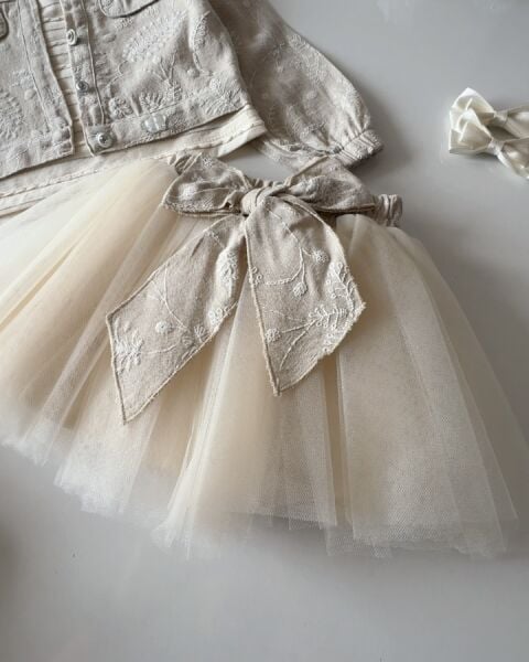 Brode Nakış İşlemeli Tütü Etekli Ceketli 3'li Takım - Bej