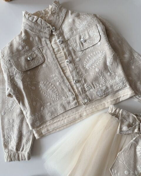 Brode Nakış İşlemeli Tütü Etekli Ceketli 3'li Takım - Bej