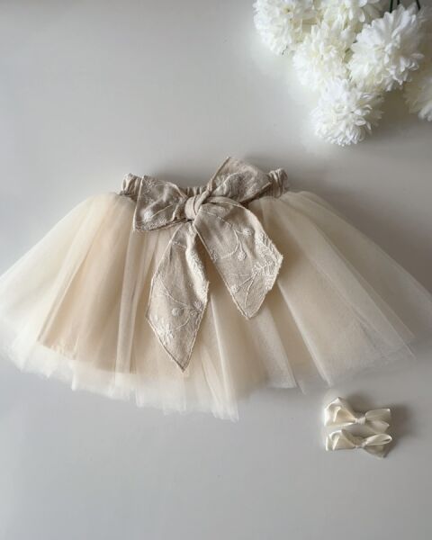 Brode Nakış İşlemeli Tütü Etekli Ceketli 3'li Takım - Bej