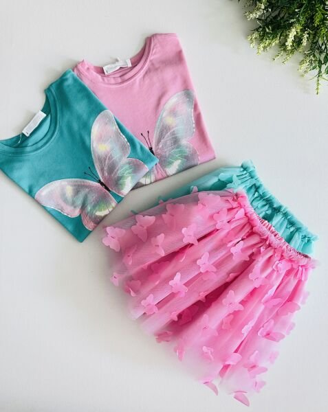 Kelebek Aplikeli Etekli Vanessa Takım - Mavi