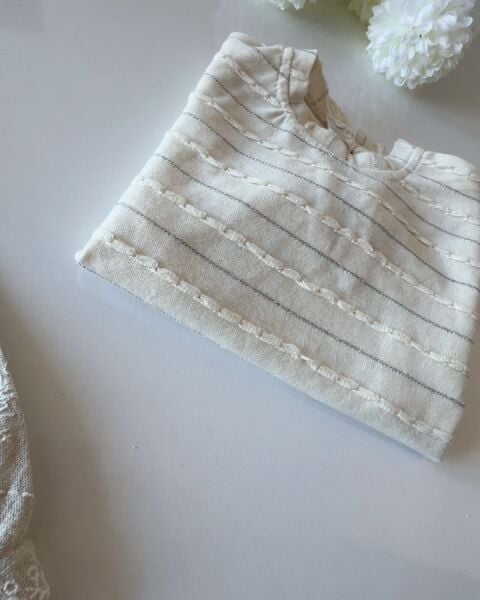 Çizgili Simli Pamuklu Tişört - Krem Simli