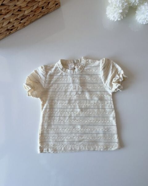 Çizgili Simli Pamuklu Tişört - Krem Simli