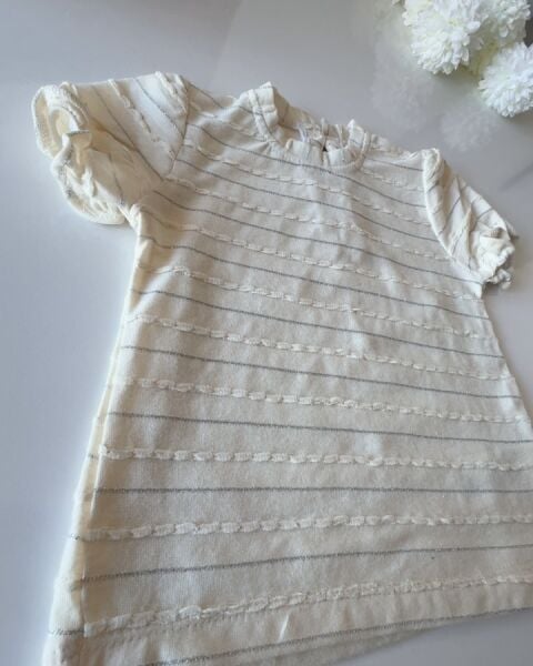 Çizgili Simli Pamuklu Tişört - Krem Simli