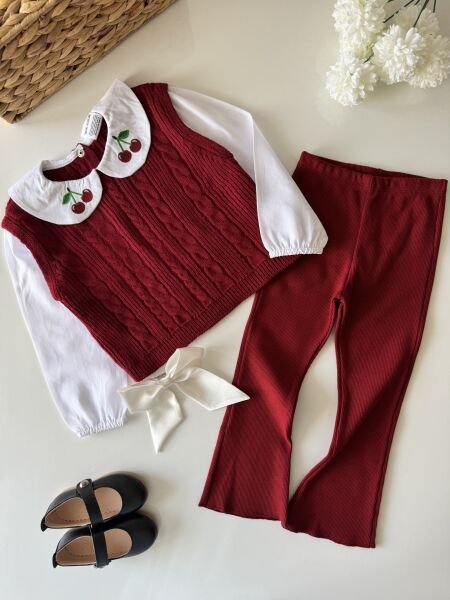 Triko Kiraz Yakalı Taytlı Takım - Bordo