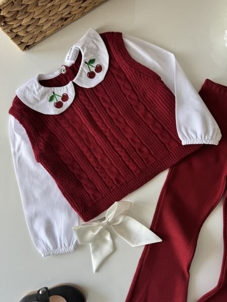 Triko Kiraz Yakalı Taytlı Takım - Bordo