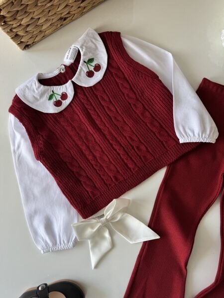 Triko Kiraz Yakalı Taytlı Takım - Bordo