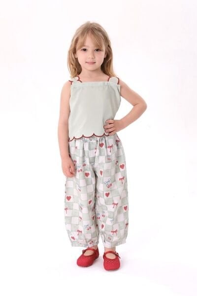 Asarkids Kalın Askılı Bol Paça Kalp Pantolon 2'li Takım - Yeşil