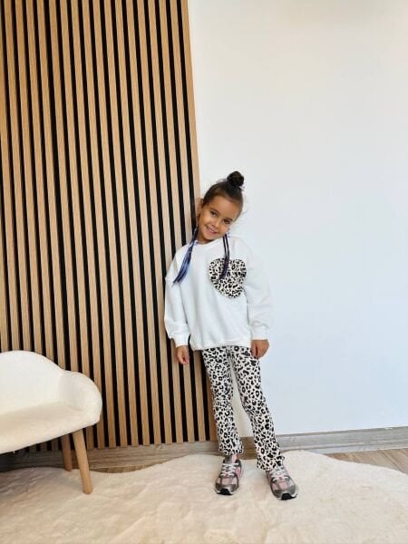 Leopar Kalp Nakışlı Taytlı Takım - Krem