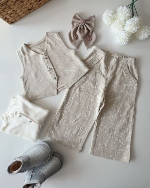 Brode Kumaş Fistolu Yelek Pantolon 2'li Takım - Bej