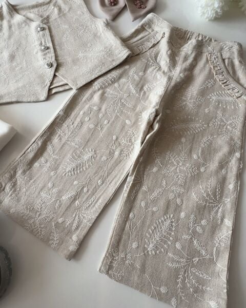 Brode Kumaş Fistolu Yelek Pantolon 2'li Takım - Bej