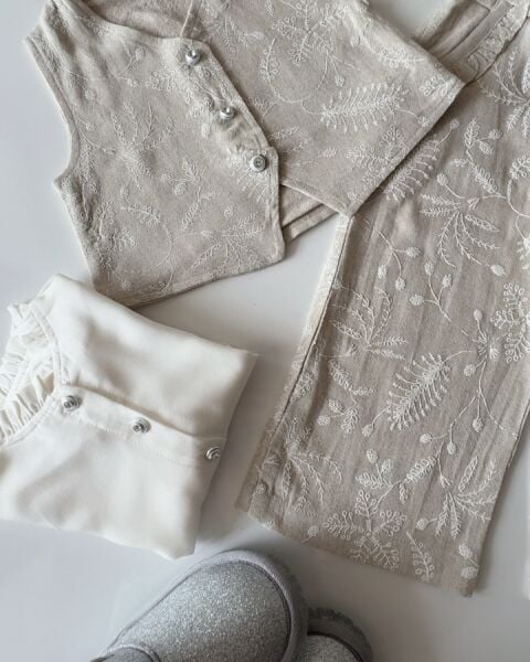 Brode Kumaş Fistolu Yelek Pantolon 2'li Takım - Bej