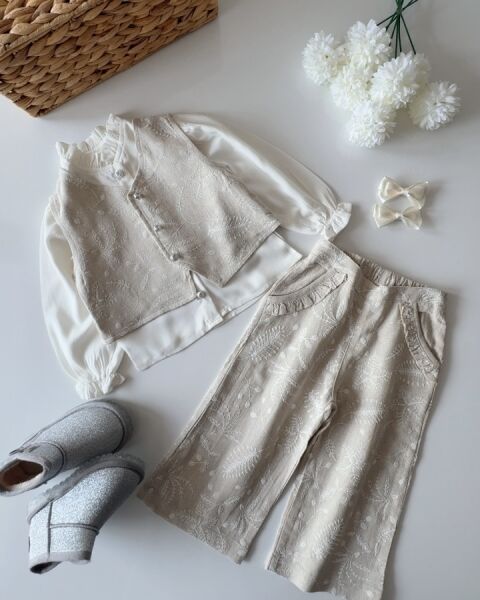 Brode Kumaş Fistolu Yelek Pantolon 2'li Takım - Bej