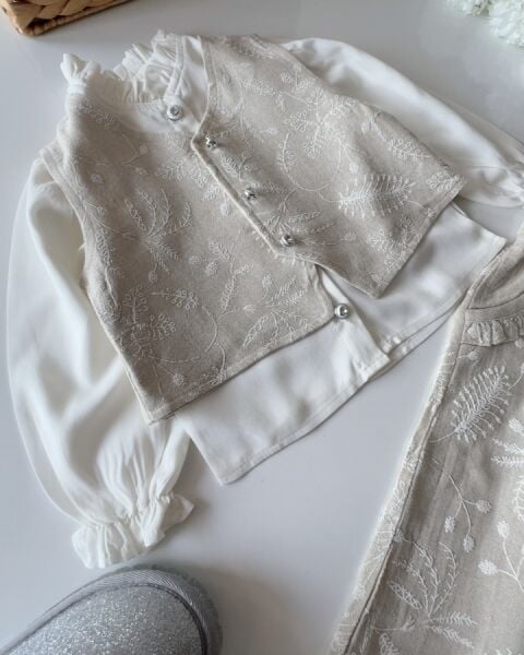 Brode Kumaş Fistolu Yelek Pantolon 2'li Takım - Bej