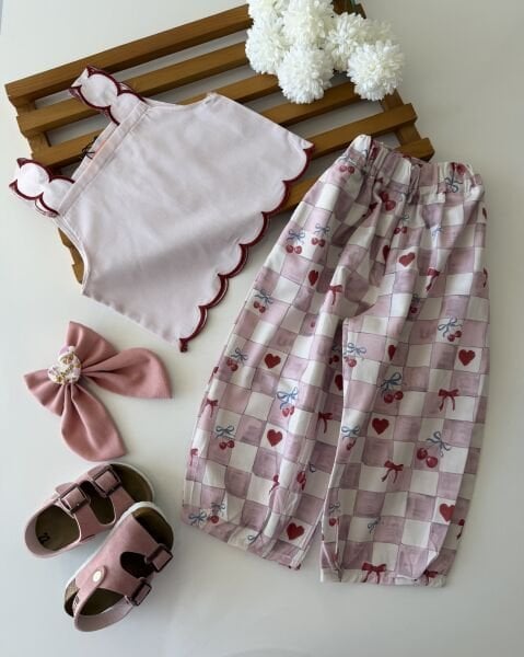 Asarkids Kalın Askılı Bol Paça Kalp Pantolon 2'li Takım - Pembe