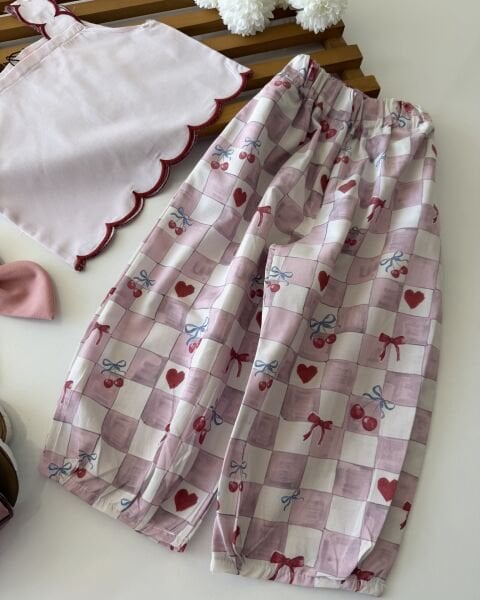 Asarkids Kalın Askılı Bol Paça Kalp Pantolon 2'li Takım - Pembe