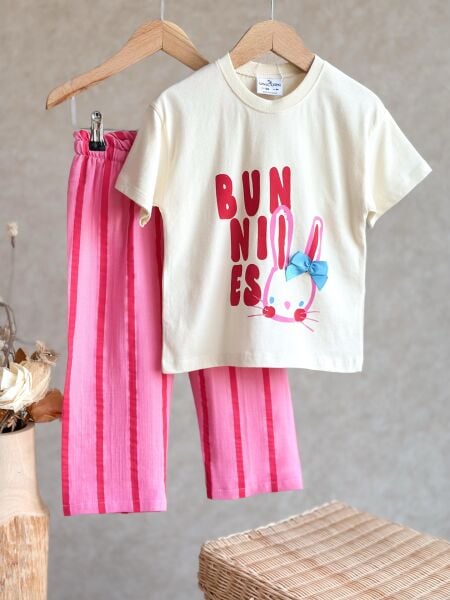 Müslin Çizgili Zeynep Takım - Pembe