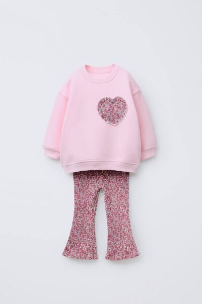 Kalp Nakışlı Çiçekli Taytlı Takım - Pembe