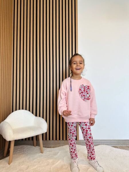 Kalp Nakışlı Çiçekli Taytlı Takım - Pembe