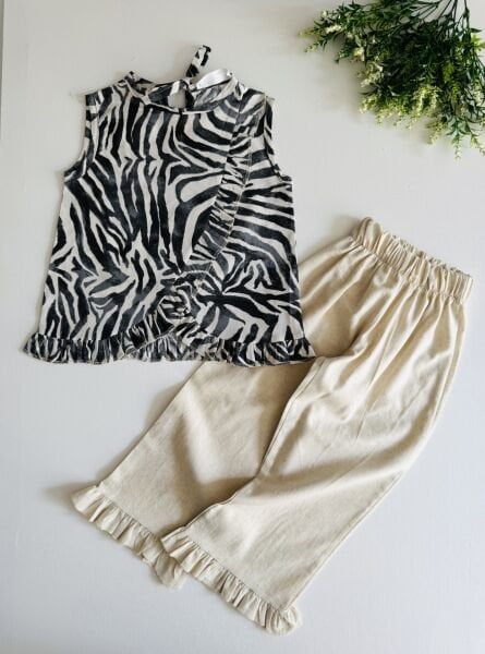 Zebra Desenli Bohem Nehir Takım  - Krem
