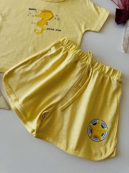 Kabartma Deniz Atı Baskılı İpek Takım - Sarı