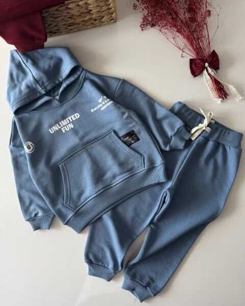 Basic Kapüşonlu Sloganlı Unisex Takım- Mavi