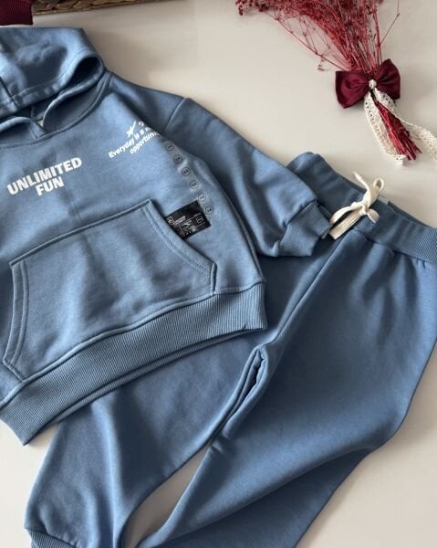 Basic Kapüşonlu Sloganlı Unisex Takım- Mavi