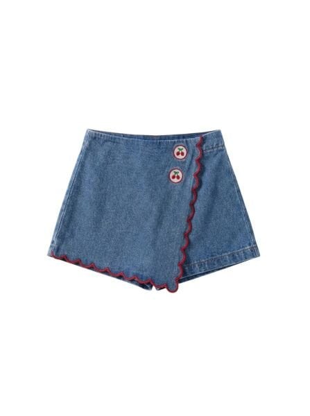 Asarkids La'ciel Paris Kiraz Nakışlı Denim Şort Etek - Mavi Kalp