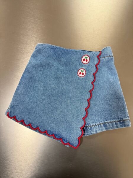 Asarkids La'ciel Paris Kiraz Nakışlı Denim Şort Etek - Mavi Kalp