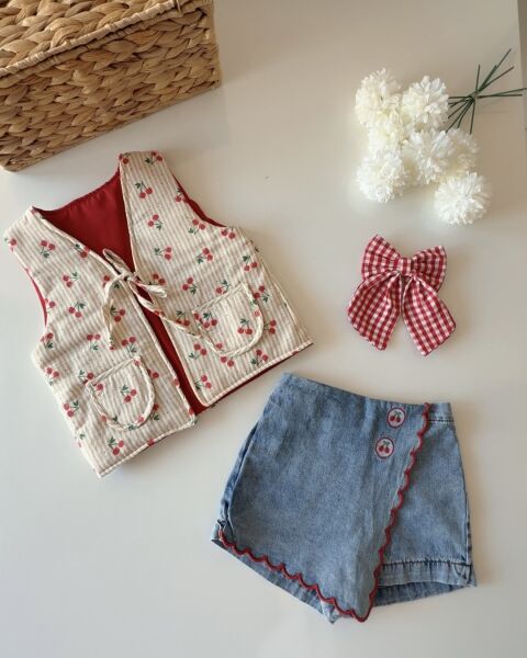 Asarkids La'ciel Paris Kiraz Nakışlı Denim Şort Etek - Mavi