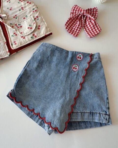 Asarkids La'ciel Paris Kiraz Nakışlı Denim Şort Etek - Mavi Kalp