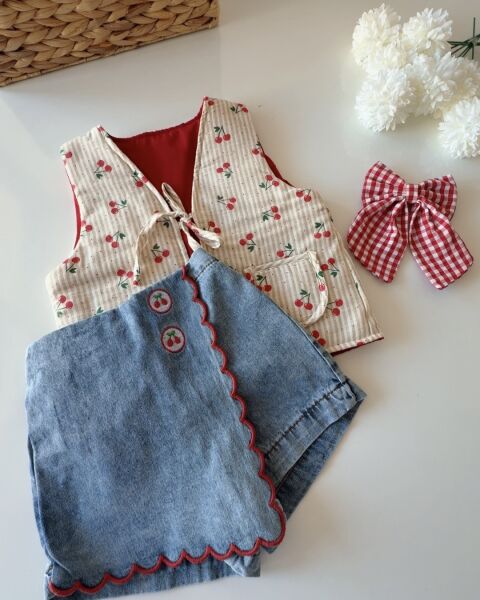 Asarkids La'ciel Paris Kiraz Nakışlı Denim Şort Etek - Mavi Kalp