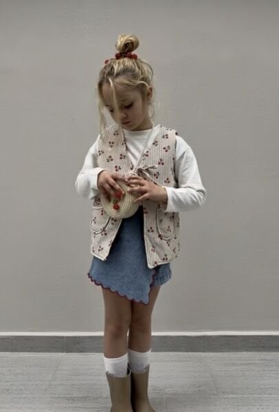 Asarkids La'ciel Paris Kiraz Nakışlı Denim Şort Etek - Mavi Kalp