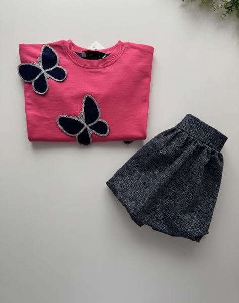 Kelebek Fiyonk Aplikeli Etekli Asya Takım - Pembe Gümüş