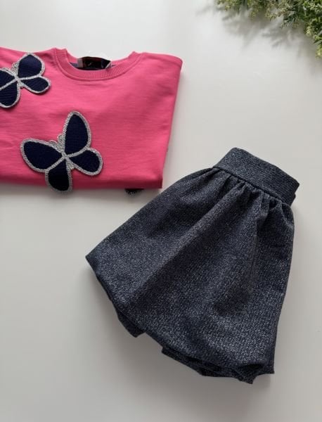 Kelebek Fiyonk Aplikeli Etekli Takım - Pembe Gümüş