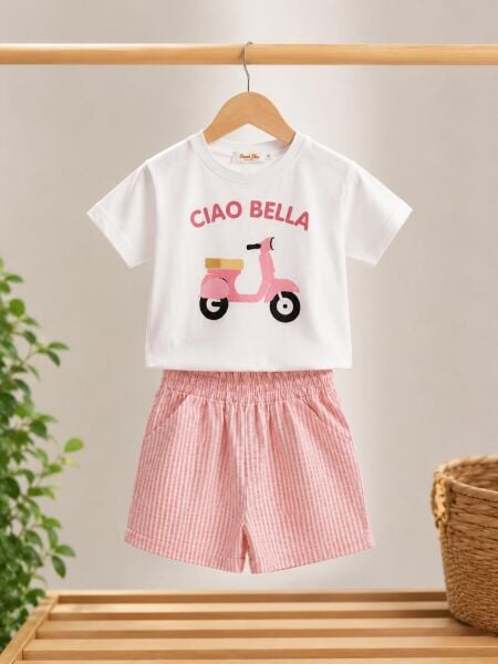 Asar Kids Ciao Bella Sloganlı Çizgili 2'li Şort Set - Beyaz Pembe