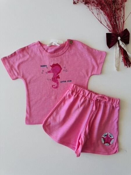 Kabartma Deniz Atı Baskılı İpek Takım - Pembe