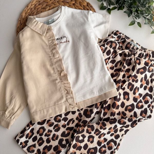 Mina Kız Çocuk Takım 3'lü Set  - Leopar Kahve