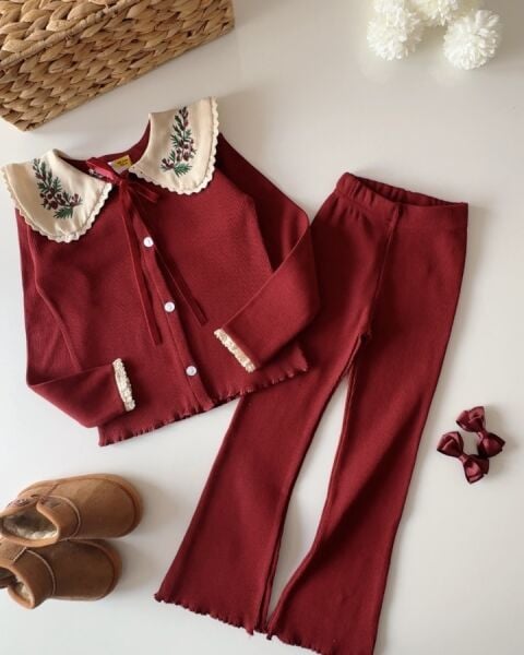 Yaka Nakışlı Ribana Taytlı Takım - Bordo