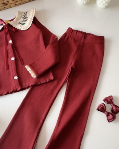 Yaka Nakışlı Ribana Taytlı Takım - Bordo