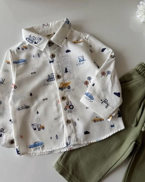 Asarkids Araba Baskılı Keten 2'li Takım - Soft Yeşil