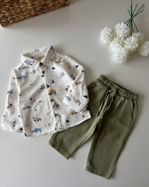 Asarkids Araba Baskılı Keten 2'li Takım - Soft Yeşil