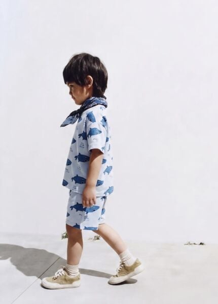 Asar Kids Balık Baskılı Şortlu 2'li Takım - Mavi Beyaz