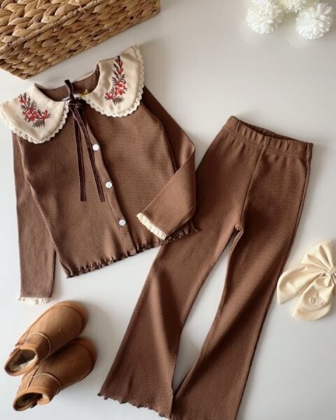 Yaka Nakışlı Ribana Taytlı Takım - Kahve