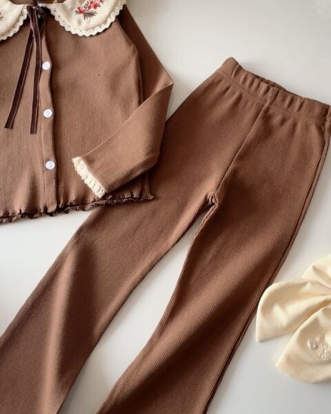 Yaka Nakışlı Ribana Taytlı Takım - Kahve