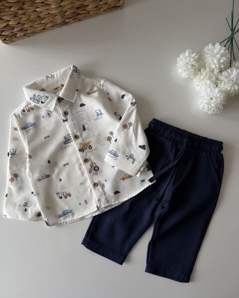 Asarkids Araba Baskılı Keten 2'li Takım - Lacivert